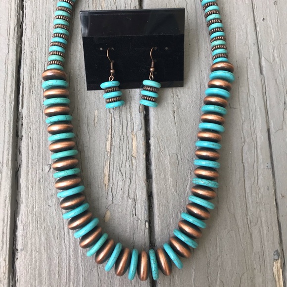Jewelry - NWOT Unique Copper & Faux Turquoise Necklace & Earrings Set